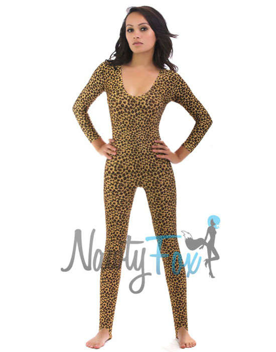 Leopard Animal Cheetah Cat Shiny Spandex Stirrup Unitard,Bodysuit